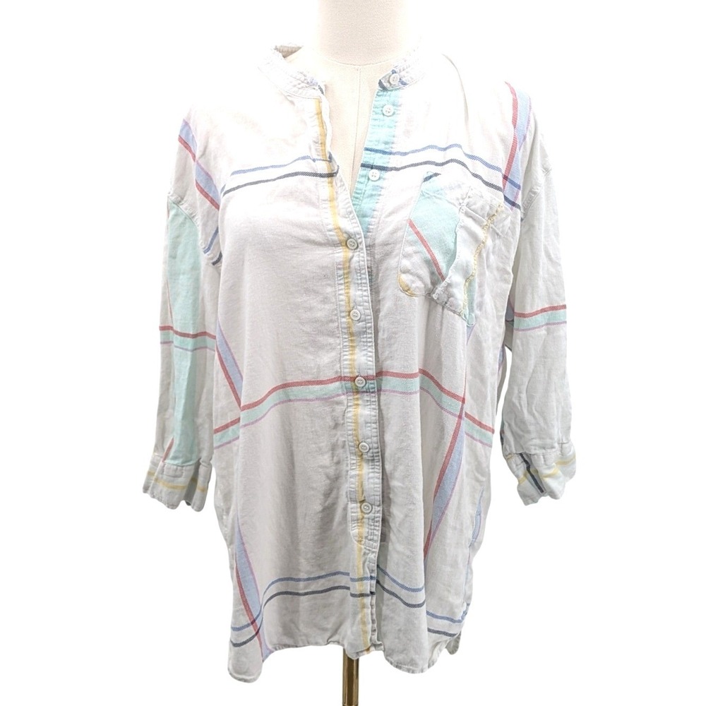 Linen Blend Plaid Button Shirt Womens L White Oversized Coastal Westbound